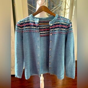 Vintage Grannycore Blue Patterned Knit  Button-Down Sweater
